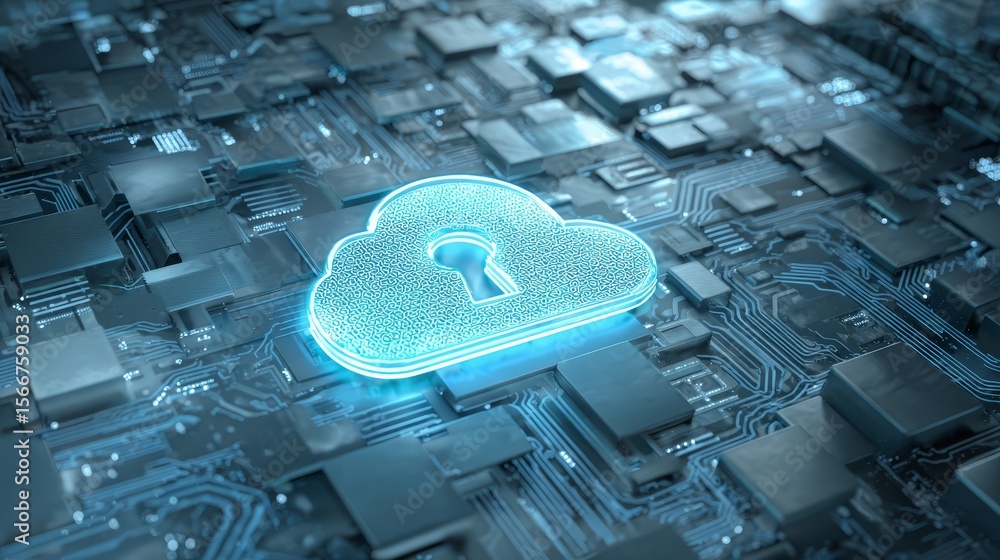 Poster cloud lock security on circuit board, protecting your data in the digital age cloud