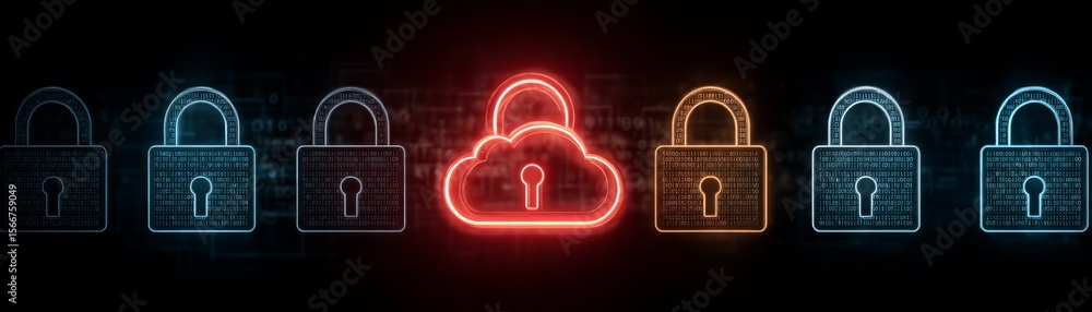 Poster glowing padlocks in a row, symbolizing digital security and data protection in the modern age