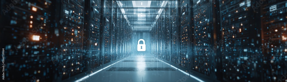 Poster navigating the digital corridor, a comprehensive view of server room infrastructure, data management