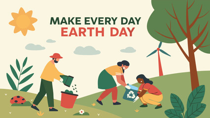 Earth day volunteer event planting trees and recycling for sustainability and environmental awareness campaign