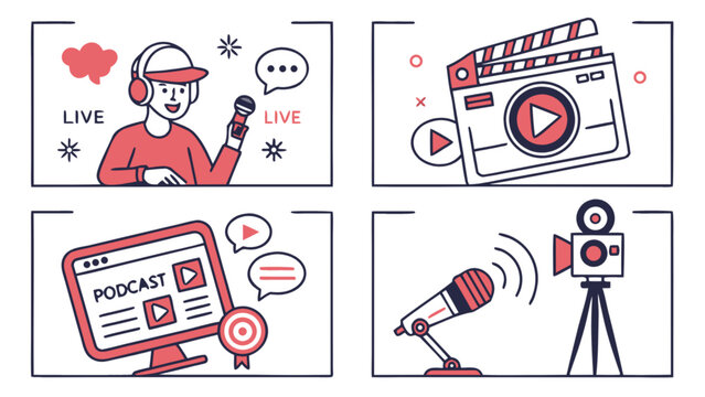 Podcast and video production equipment and live streaming concept for online content creation and marketing