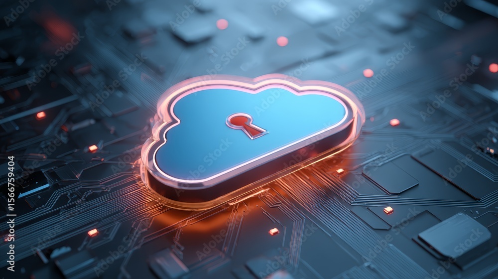 Poster cloud lock security on circuit board, protecting digital assets in the interconnected world
