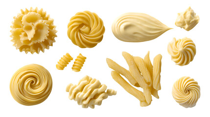 Delightful variety of uncooked pasta shapes arranged on a transparent background for a visually appealing culinary experience