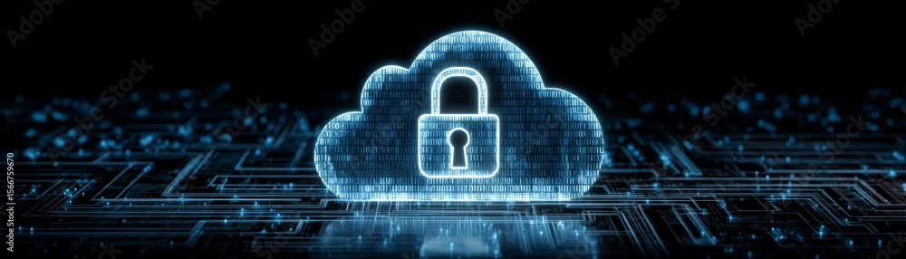 Poster illuminated padlock on circuitry, symbolizing digital security, data encryption, and network protect