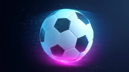 A soccer ball streaks across a dark backdrop, with streaks of neon light trailing behind it, creating a sense of movement and energy. - Powered by Adobe