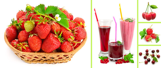 Set of very tasty juice, smoothie, strawberries, currants and cherries isolated on white