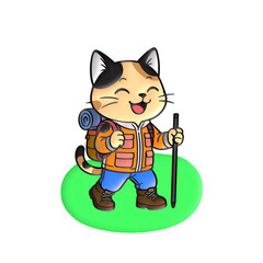 Happy Hiking Cat Cartoon Illustration.