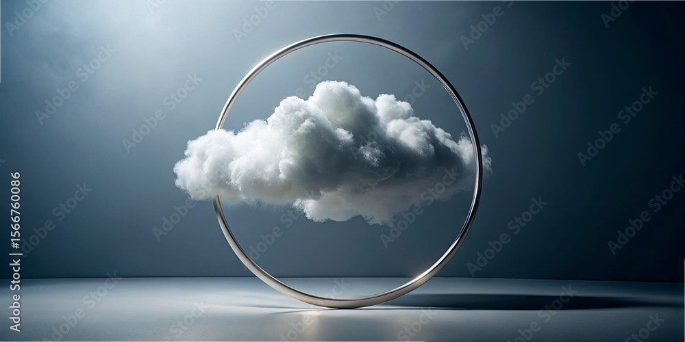 Poster a stylized cloud hovers within a circular metallic frame, illuminated by soft light. the scene empha