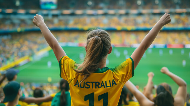 Australian woman football soccer fans in a stadium supporting the national team - Powered by Adobe