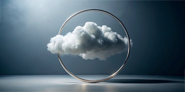 A stylized cloud hovers within a circular metallic frame, illuminated by soft light. The scene emphasizes the contrast between the ethereal nature of the cloud and the solid form of the ring