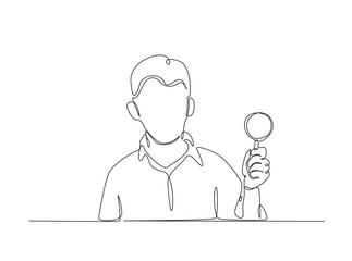 Smart boy Magnifying Glass draw in single outline illustration. Continuous line art drawing of curious Boy Holding a Magnifying Glass.