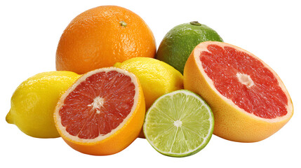 Fresh citrus fruits assortment offers vibrant colors, including orange, grapefruit, lemons and limes, suitable for healthy food and nutrition visuals, transparent background