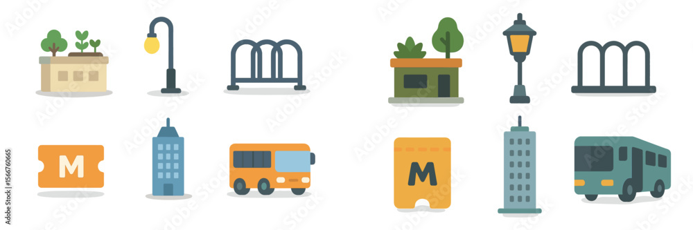 Poster illustrations of urban transportation elements with a focus on public transit features in a city set