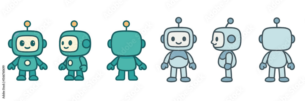 Poster colorful cartoon robots in various poses showcase friendly designs and playful expressions in a whim