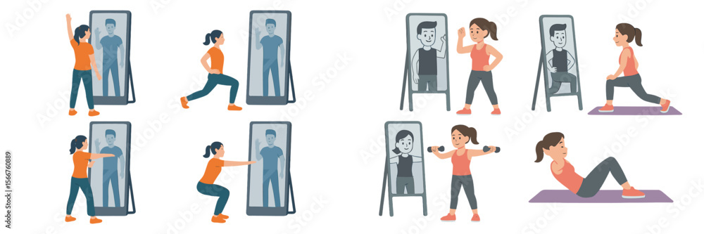 Poster workout routine variations showcasing group exercises and fitness movements in a home setting with m