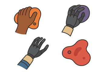 Various hand grips on climbing holds demonstrate different techniques for rock climbing training in a gym setting