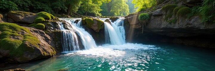 Fototapeta premium Crystal clear water cascades over mossy rocks in a breathtaking waterfall, sunlight dappling the surface Perfect for nature, travel, and environmental themes , environment, lush, ecology
