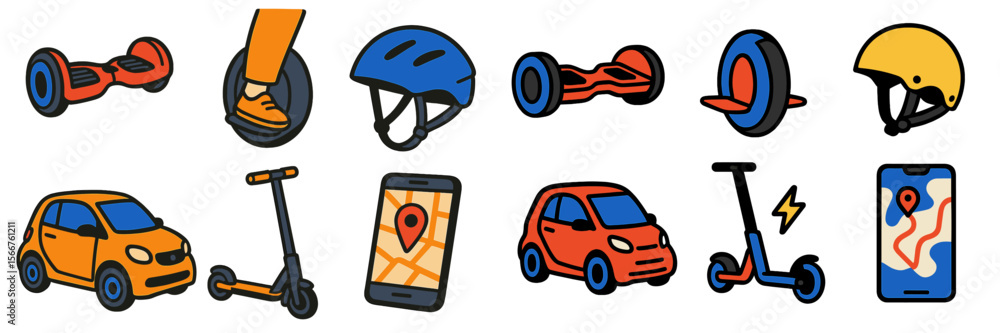 Poster Exploring various modes of transportation including scooters, hoverboards, and vehicles in a lively urban setting