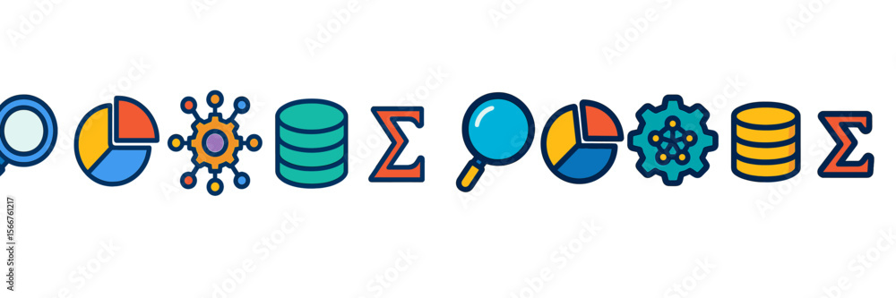 Poster Colorful icons representing data analysis concepts arranged in a horizontal line