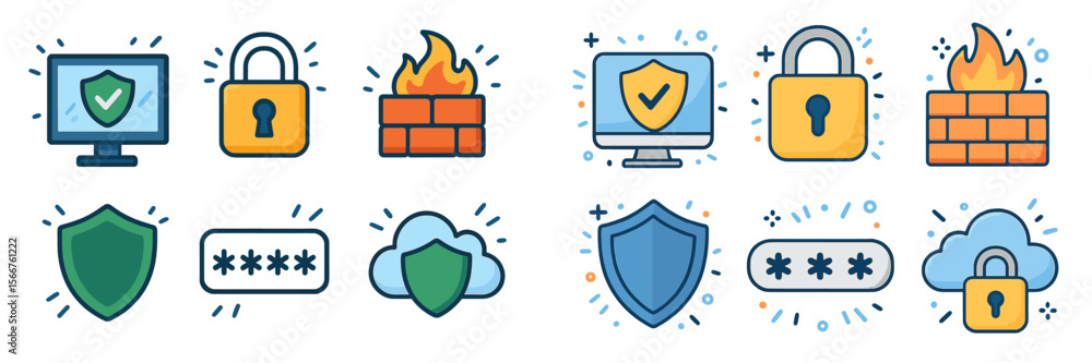 Poster engaging security icons illustrate digital protection concepts within a modern design layout