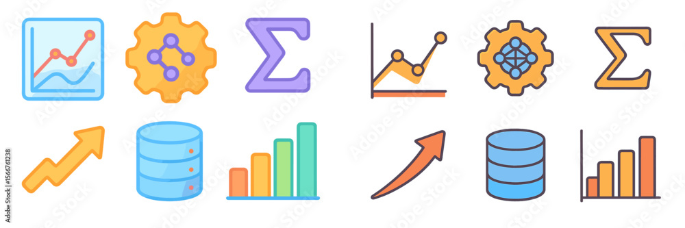 Poster Data analysis icons representing trends, graphs, and database metrics in a modern digital design format