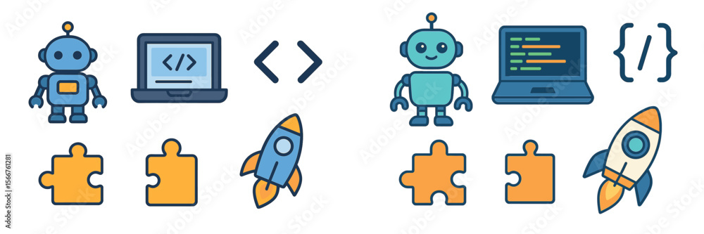 Poster colorful robot illustrations featuring coding symbols and launch concepts in a creative design setti