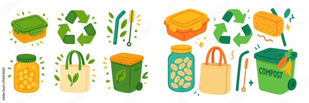 Poster illustrating sustainable practices with colorful icons of recycling, composting, and reusable contai