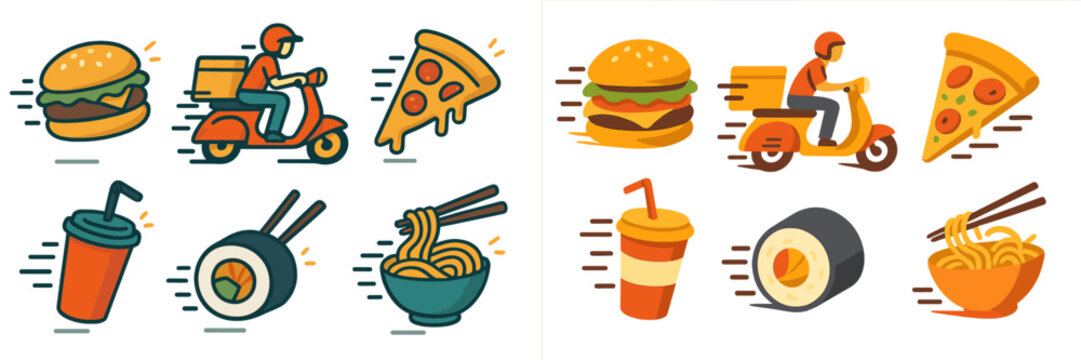 Delivery riders bring diverse food options including burgers, pizza, sushi, and noodles to customers quickly in a bustling city