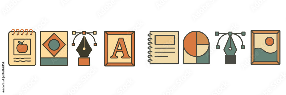 Poster Various design elements illustrating creativity and graphic design process in a modern art style