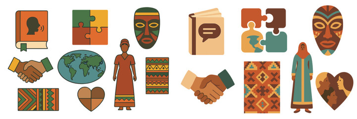 Diverse cultural symbols and activities promoting unity and understanding through communication, cooperation, and shared heritage