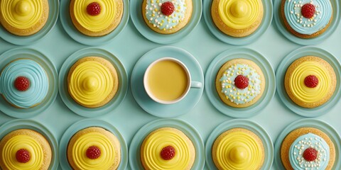 delicious lemon pastries and refreshing lemonade on bright mint green plates