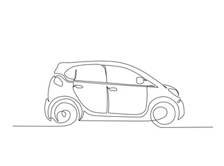 City car draw in single outline illustration. Continuous line art drawing of moden car.