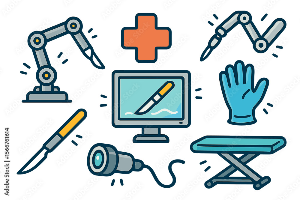 Poster medical technology tools including robotic arms and surgical instruments for healthcare applications