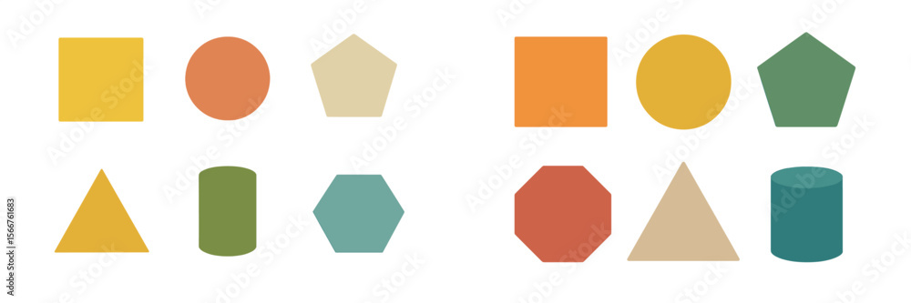 Poster colorful geometric shapes arranged in various patterns on a light background for educational purpose