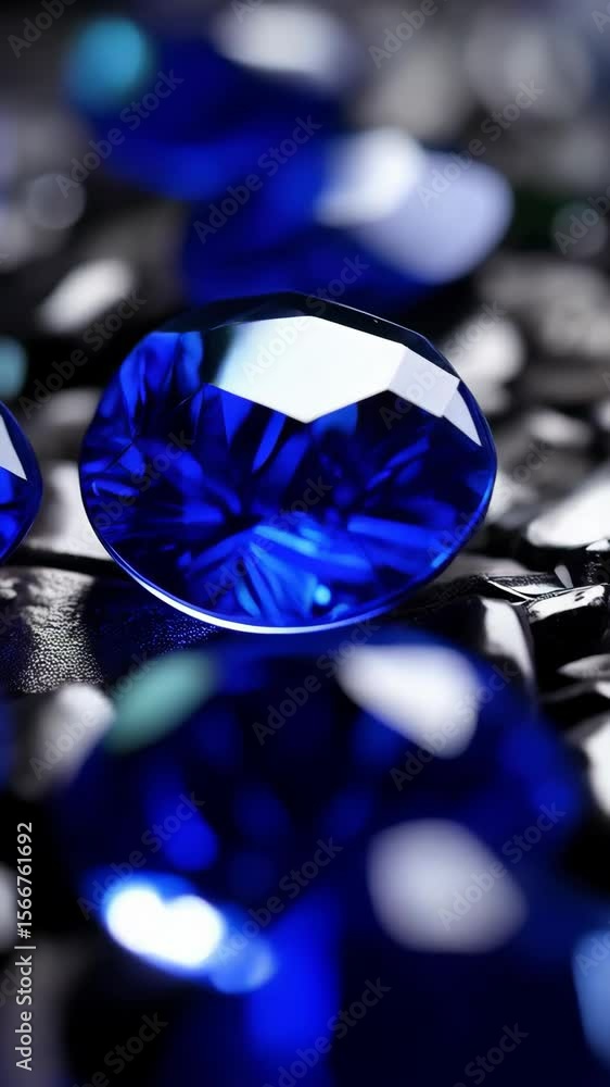 Poster gleaming sapphire gems in macro view displaying their vibrant color and intricate facets, creating a