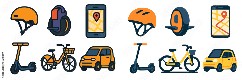 Poster Urban mobility icons representing various transportation options and technology for navigation in a modern city setting
