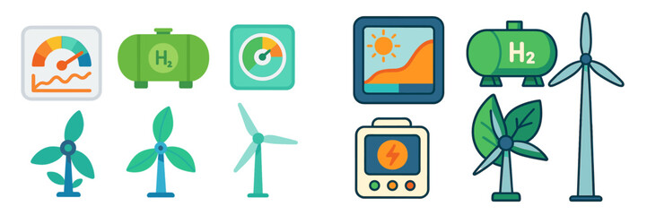 Diverse symbols representing renewable energy sources and hydrogen technology in a clean energy concept
