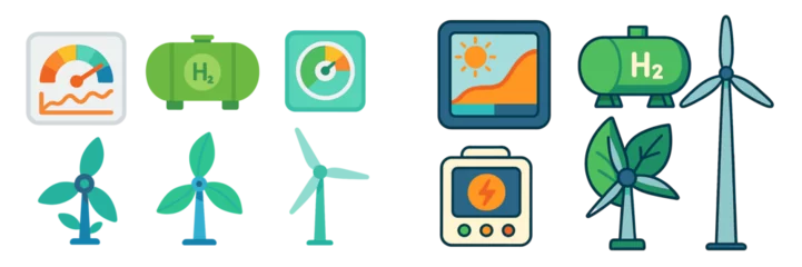  Diverse symbols representing renewable energy sources and hydrogen technology in a clean energy concept © Zaleman