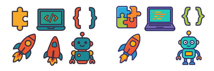 Colorful robotic icons and coding elements showcase technology and creativity in a digital design theme