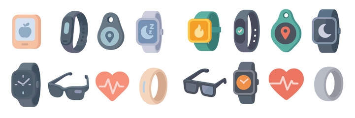Variety of fitness tracking devices and smartwatches displayed in a row on a white background