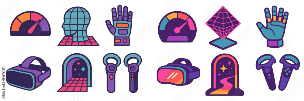 Poster Colorful digital graphics representing virtual reality technology and elements in a modern design aesthetic
