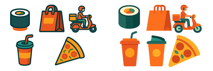 Delivery person riding scooter with food and drinks ready for customers at local restaurant in urban location