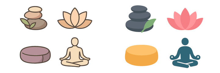 Various icons showcasing symbols of meditation, tranquility, and nature, featuring stones, lotus flowers, and meditating figures