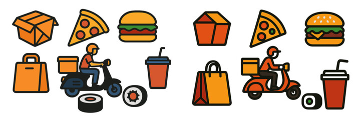 Delivery riders transporting food and packages in a colorful illustration showcasing various meals and takeout items