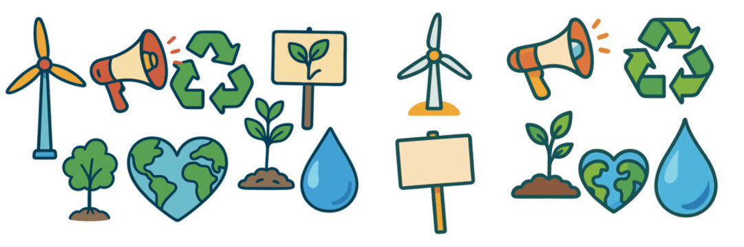 Collection of environmental icons representing sustainability, conservation, and renewable energy initiatives for awareness and action