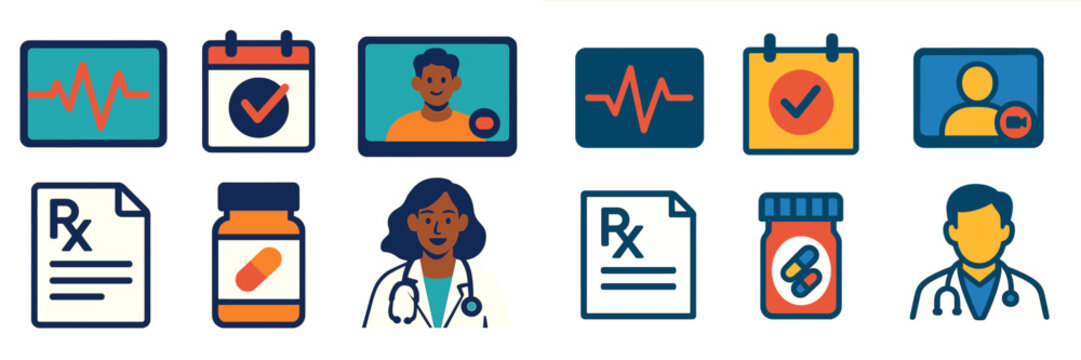 Medical symbols and icons representing healthcare, prescriptions, and doctor-patient interactions for digital applications
