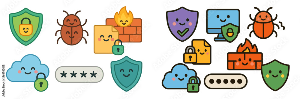 Poster Security symbols and icons illustrate data protection and cybersecurity concepts in a colorful and engaging manner