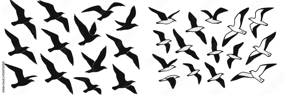 Poster patterns of flying birds captured in dynamic formation during a bright day against a plain backgroun