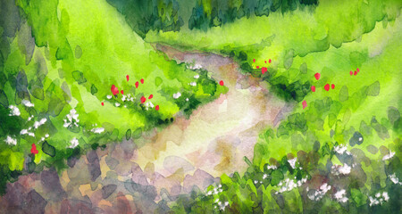 Watercolor landscape. Mountain path among fir trees