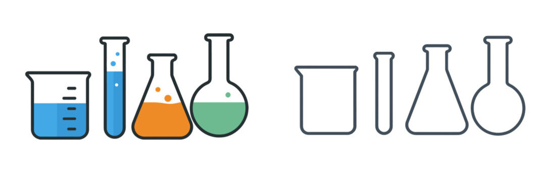 Colorful chemical laboratory glassware in use during science experiments showcasing vibrant liquids and various flask shapes